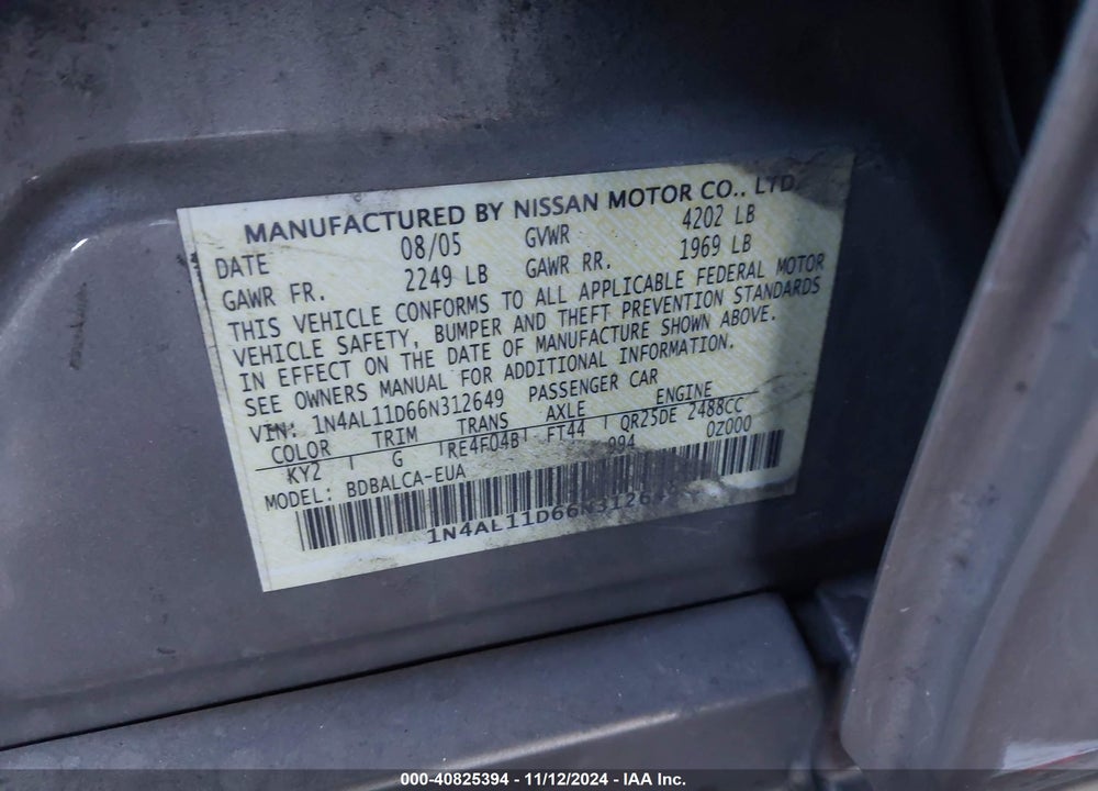 2006 NISSAN ALTIMA 2.5 S VIN: 1N4AL11D66N312649