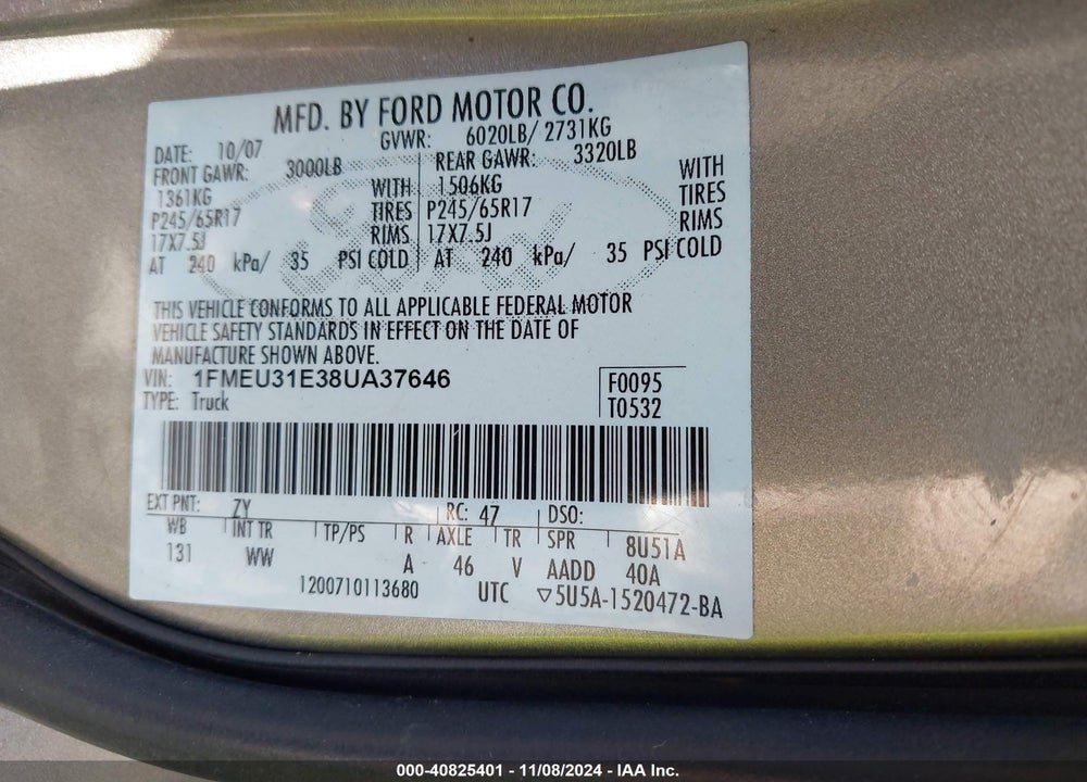 2008 FORD EXPLORER SPORT TRAC XLT VIN: 1FMEU31E38UA37646