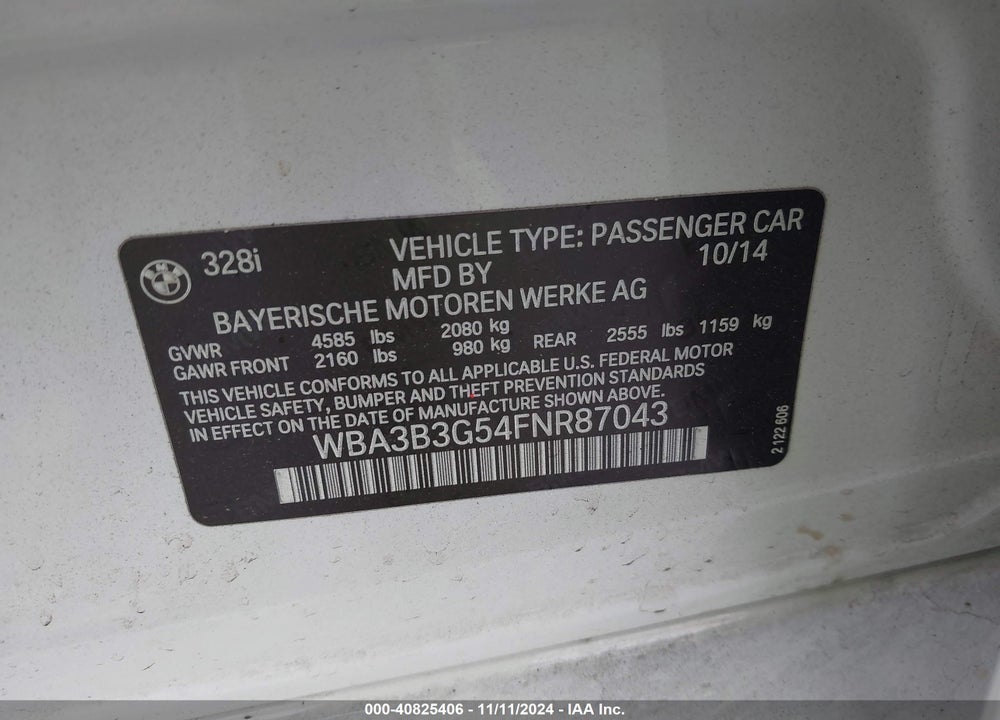 2015 BMW 328I XDRIVE VIN: WBA3B3G54FNR87043