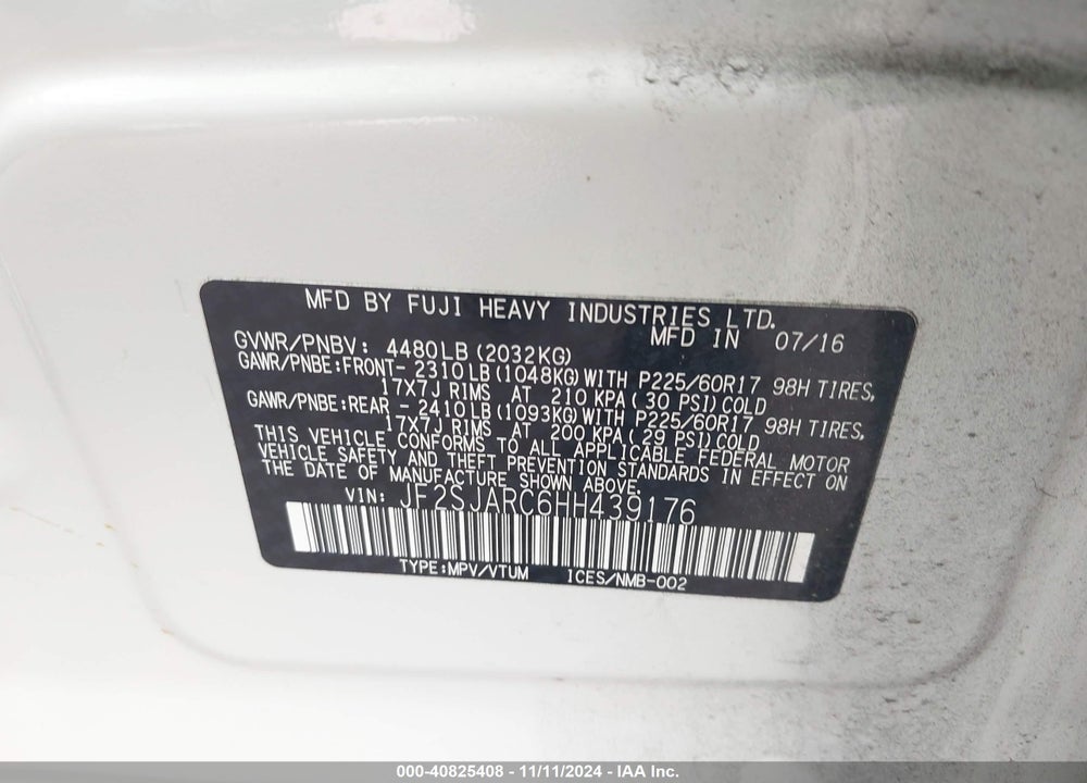 2017 SUBARU FORESTER 2.5I LIMITED VIN: JF2SJARC6HH439176