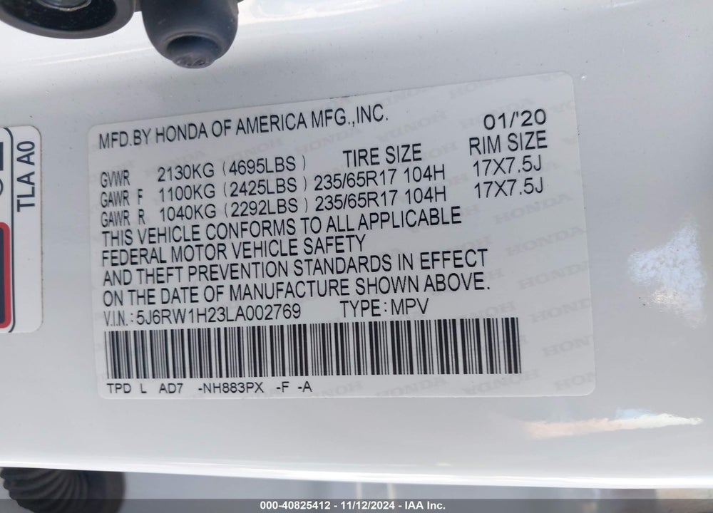 2020 HONDA CR-V VIN: 5J6RW1H23LA002769