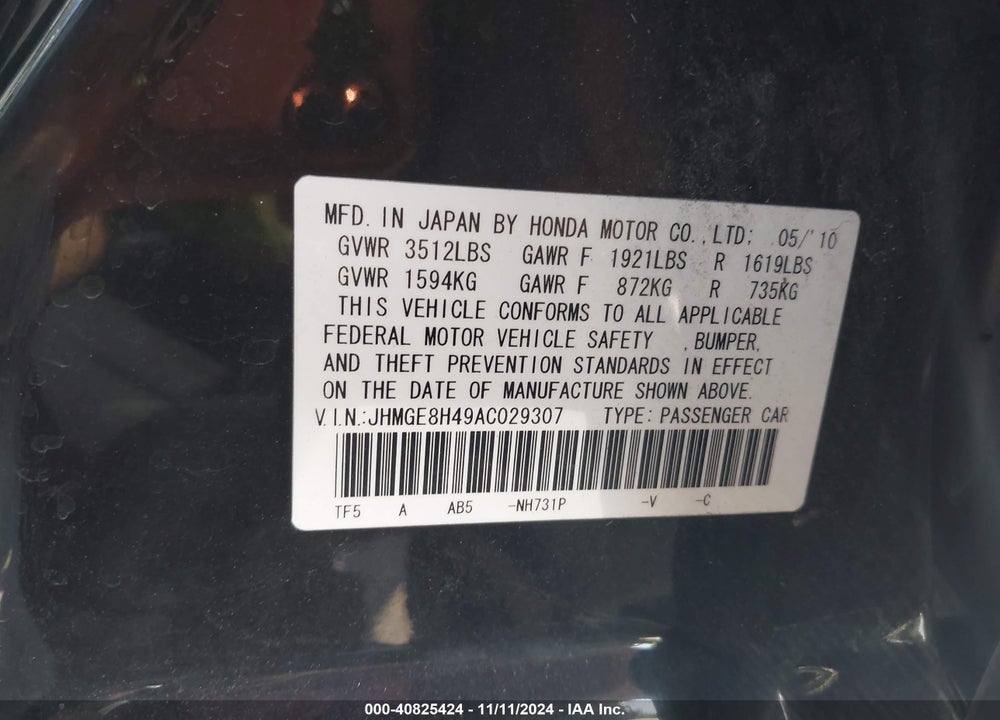 2010 HONDA FIT SPORT VIN: JHMGE8H49AC029307