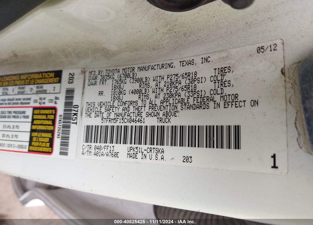 2012 TOYOTA TUNDRA GRADE 4.6L V8 VIN: 5TFRM5F15CX046461