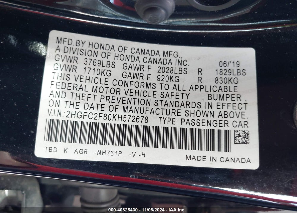 2019 HONDA CIVIC SPORT VIN: 2HGFC2F80KH572678