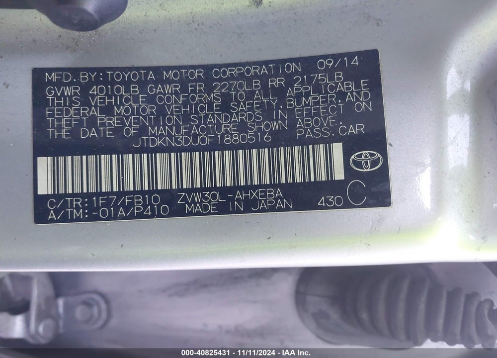 2015 TOYOTA PRIUS VIN: JTDKN3DU0F1880516