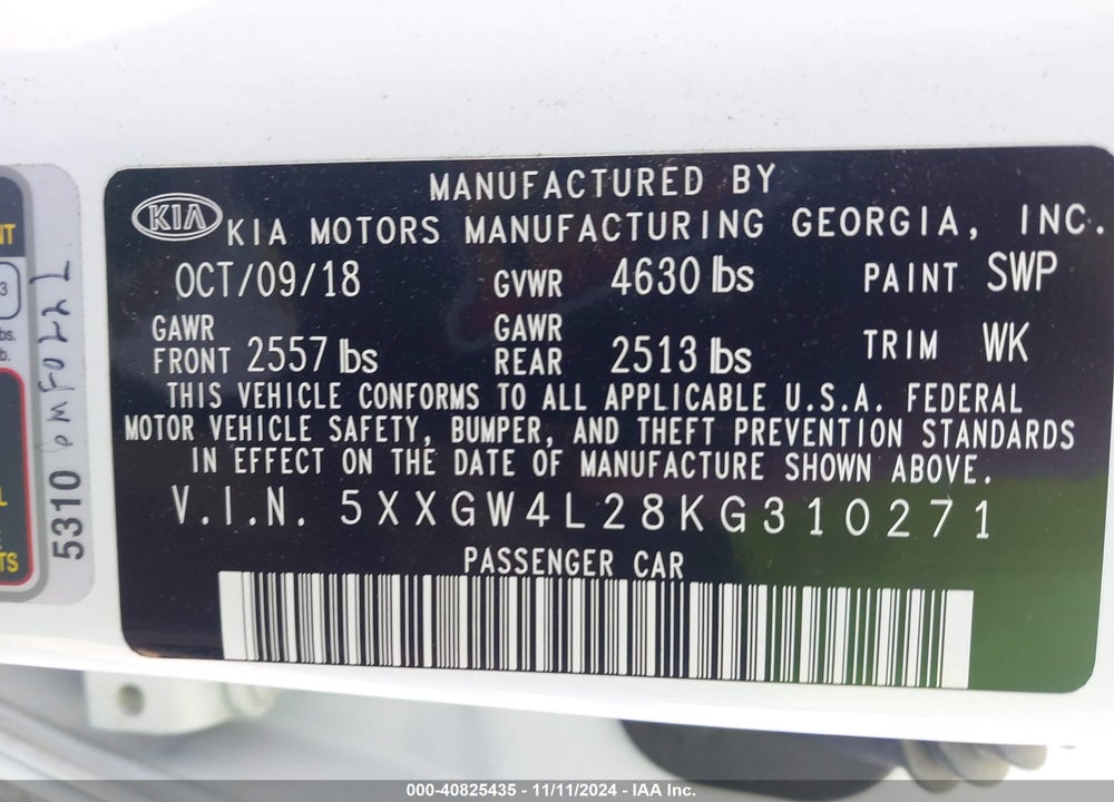 2019 KIA OPTIMA VIN: 5XXGW4L28KG310271