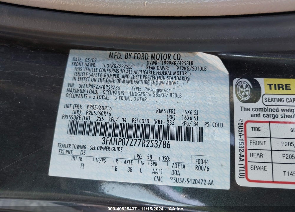 2007 FORD FUSION VIN: 3FAHP07Z77R253786