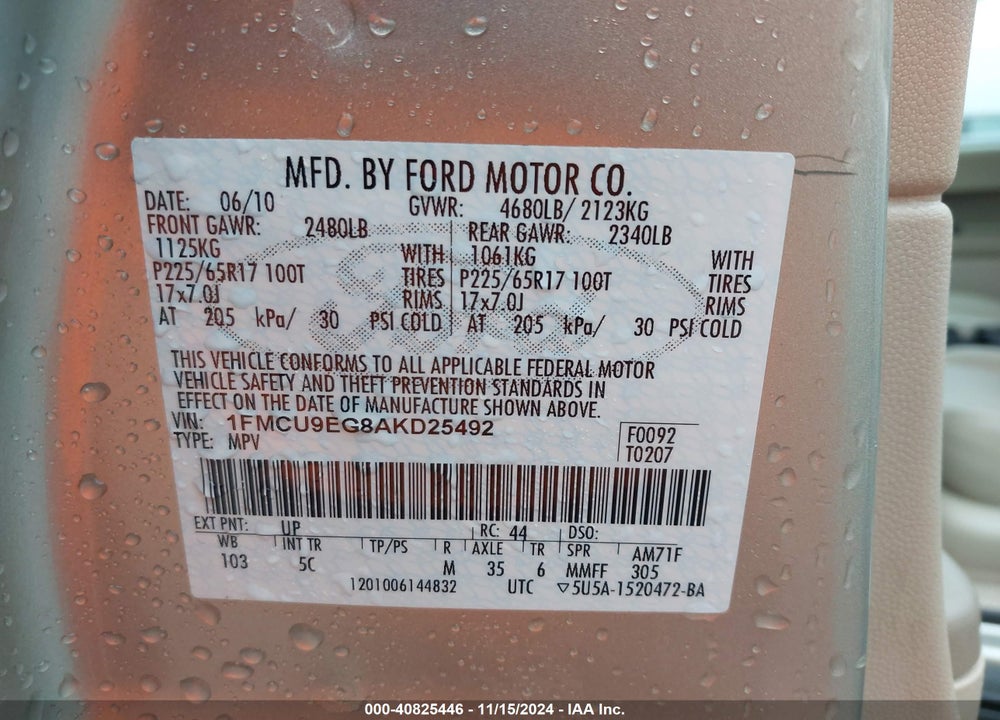2010 FORD ESCAPE LIMITED VIN: 1FMCU9EG8AKD25492