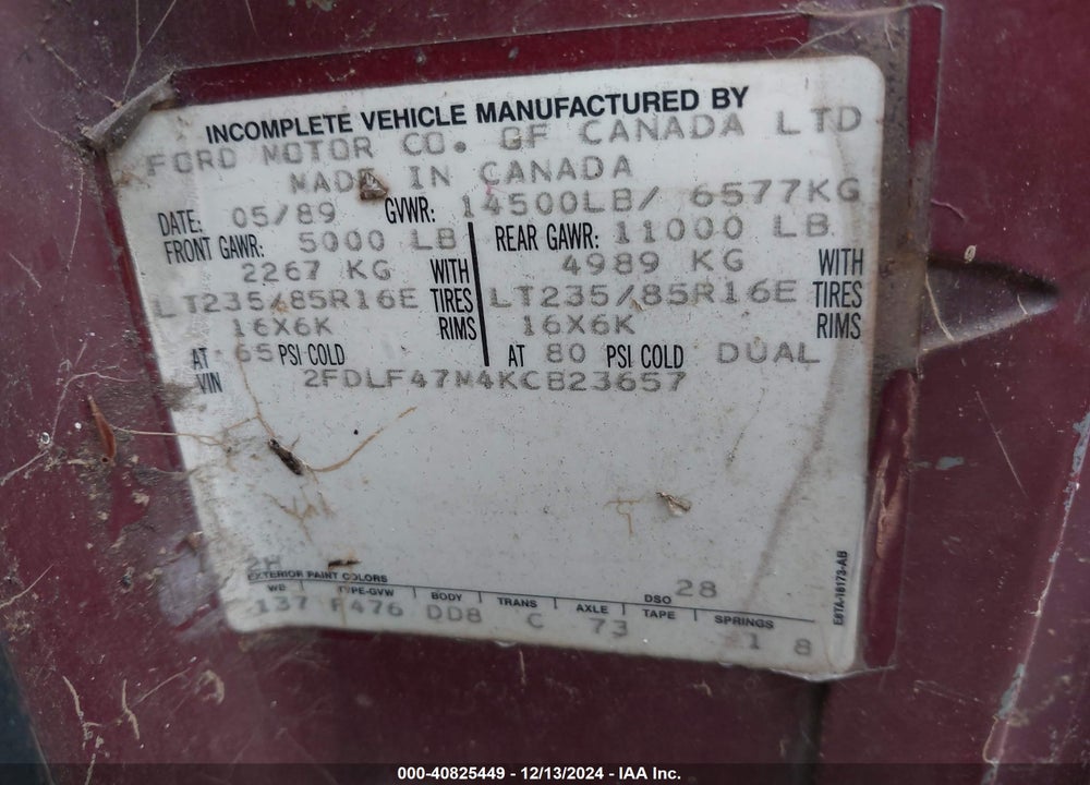 1989 FORD F SUPER DUTY VIN: 2FDLF47M4KCB23657