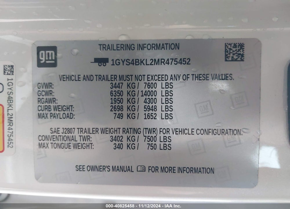 2021 CADILLAC ESCALADE 4WD PREMIUM LUXURY VIN: 1GYS4BKL2MR475452