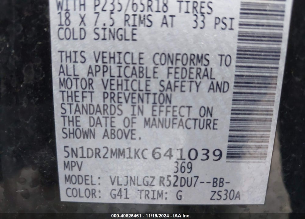 2019 NISSAN PATHFINDER SL VIN: 5N1DR2MM1KC641039