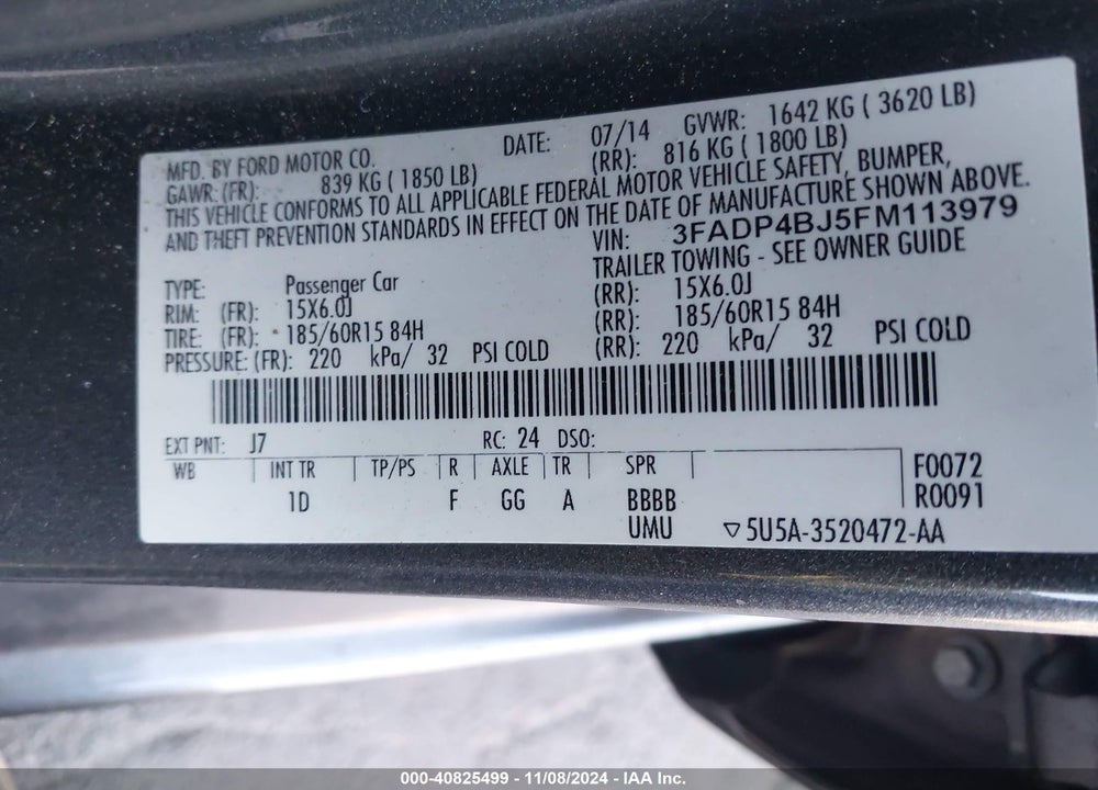 2015 FORD FIESTA SE VIN: 3FADP4BJ5FM113979