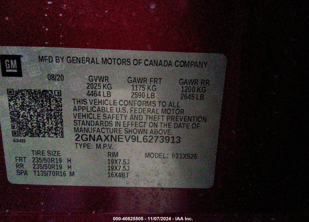 2020 CHEVROLET EQUINOX FWD PREMIER 1.5L TURBO VIN: 2GNAXNEV9L6273913