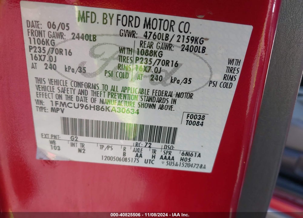 2006 FORD ESCAPE HYBRID VIN: 1FMCU96H86KA30634