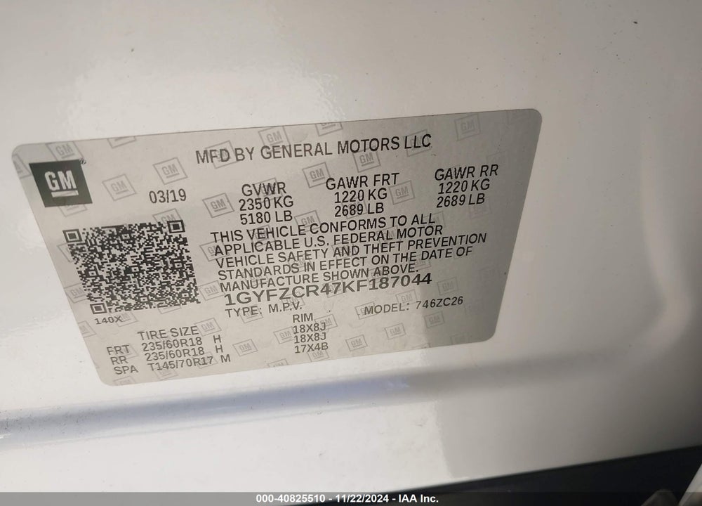 2019 CADILLAC XT4 PREMIUM LUXURY VIN: 1GYFZCR47KF187044