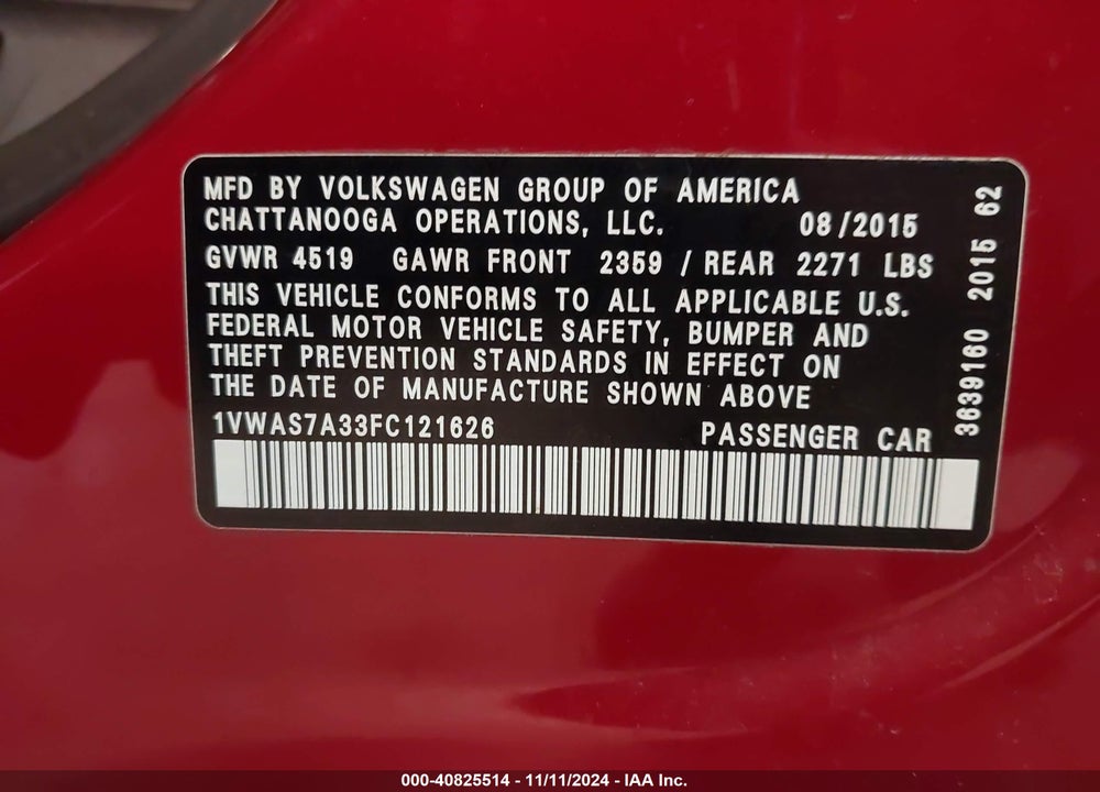 2015 VOLKSWAGEN PASSAT 1.8T LIMITED EDITION VIN: 1VWAS7A33FC121626