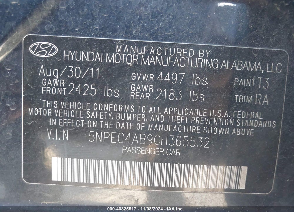 2012 HYUNDAI SONATA SE 2.0T VIN: 5NPEC4AB9CH365532