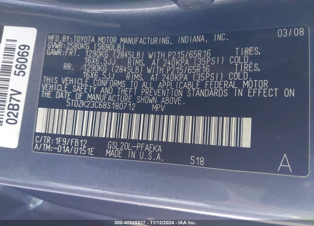 2008 TOYOTA SIENNA CE VIN: 5TDZK23C68S180712