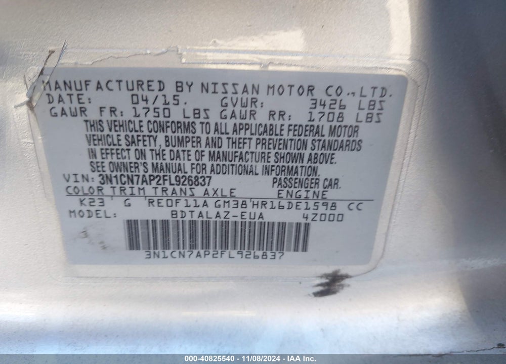 2015 NISSAN VERSA 1.6 S+ VIN: 3N1CN7AP2FL926837