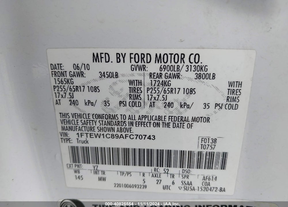 2010 FORD F-150 XLT VIN: 1FTEW1C89AFC70743