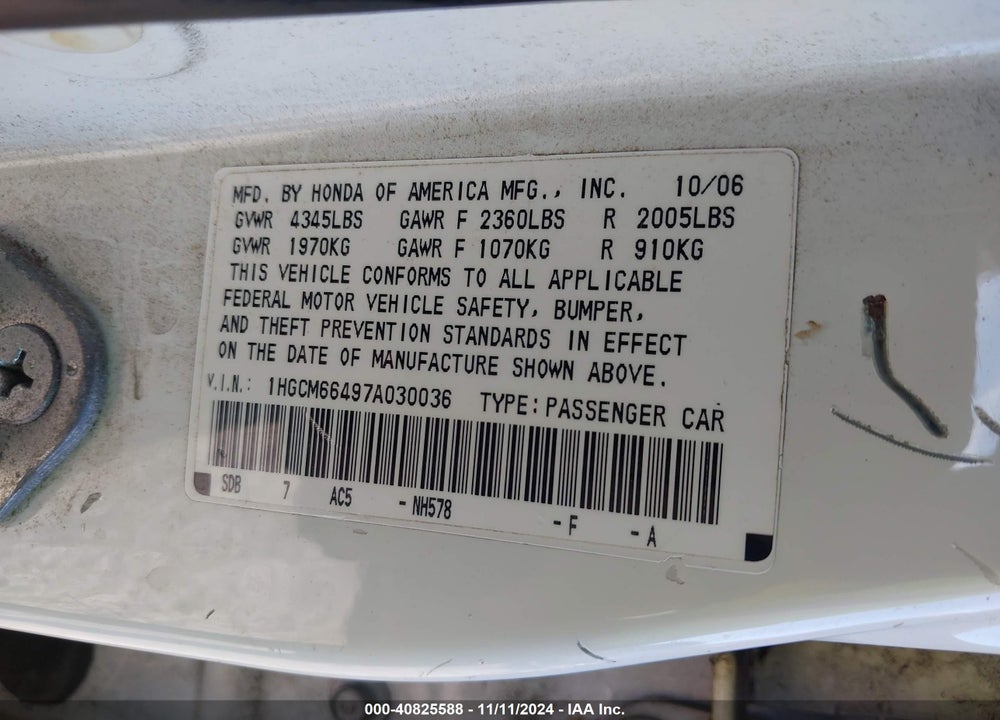 2007 HONDA ACCORD 3.0 SE VIN: 1HGCM66497A030036