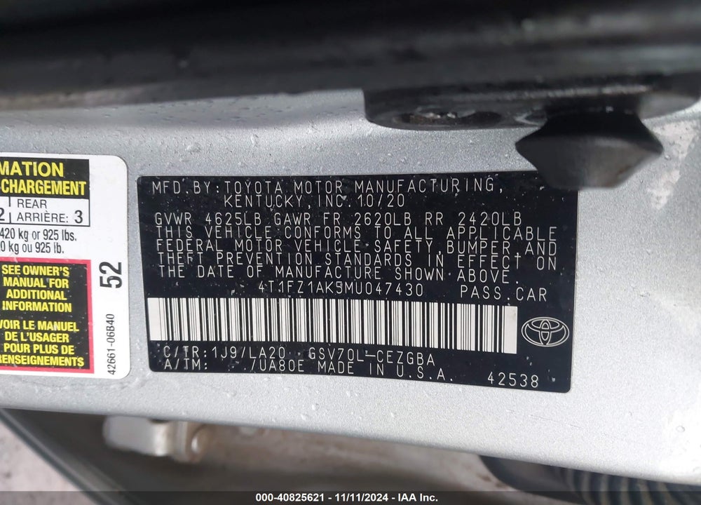 2021 TOYOTA CAMRY XLE V6 VIN: 4T1FZ1AK5MU047430