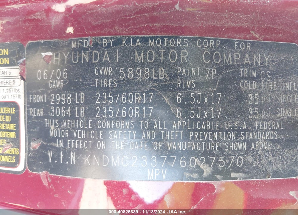 2007 HYUNDAI ENTOURAGE GLS/LIMITED/SE VIN: KNDMC233776027570