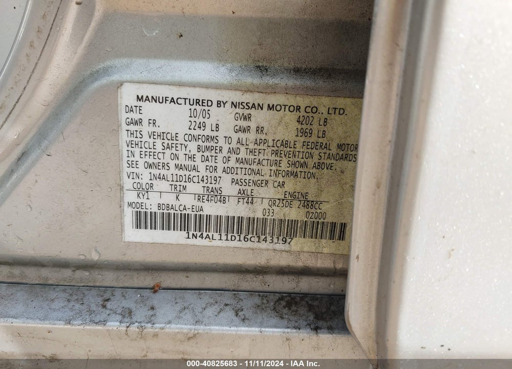 2006 NISSAN ALTIMA 2.5 S VIN: 1N4AL11D16C143197