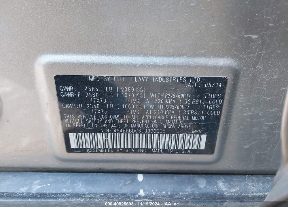 2014 SUBARU OUTBACK 2.5I PREMIUM VIN: 4S4BRBDC6E3322335