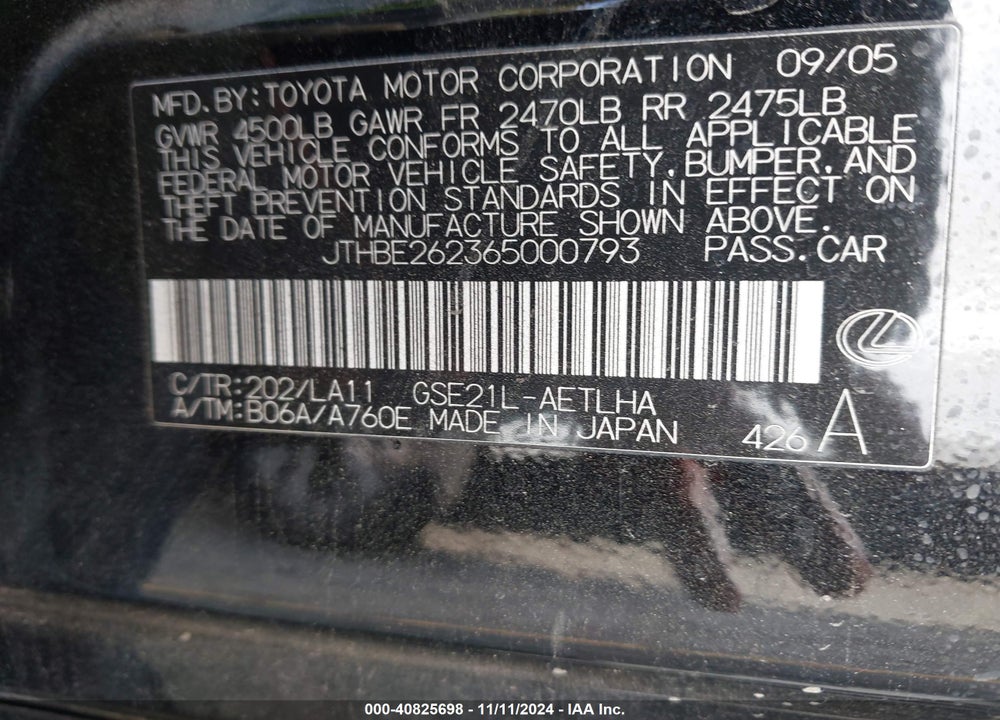 2006 LEXUS IS 350 VIN: JTHBE262365000793