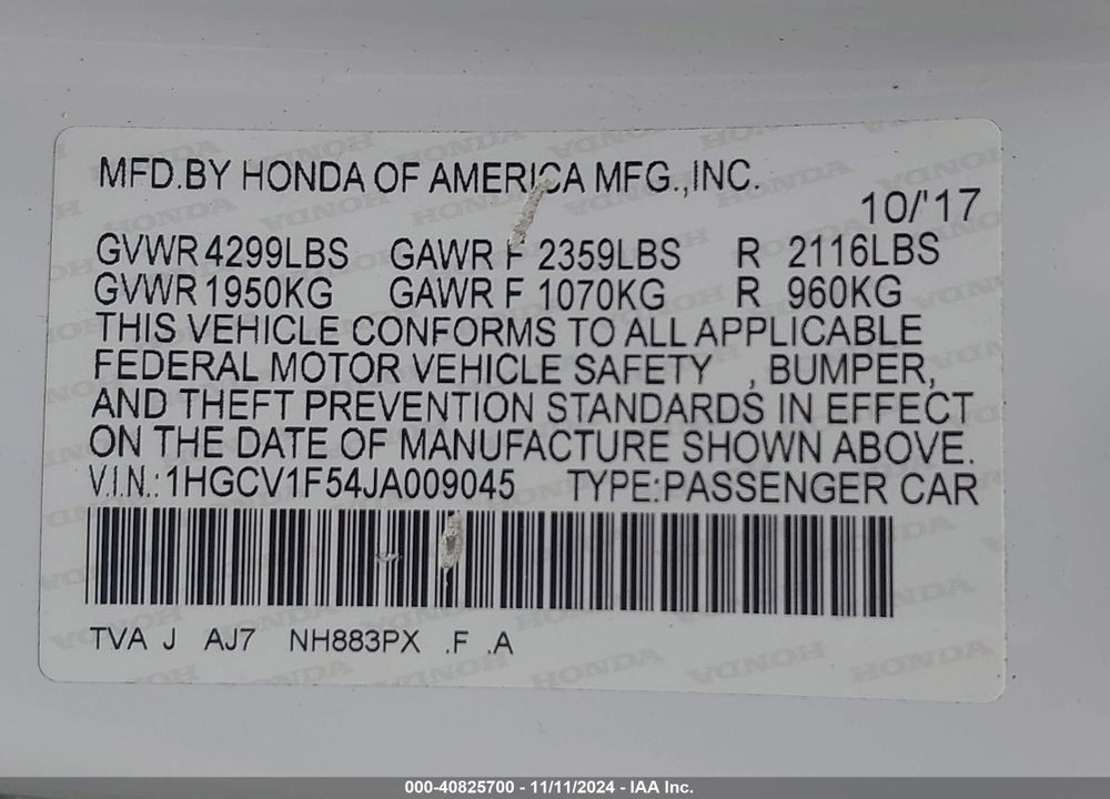 2018 HONDA ACCORD EX-L VIN: 1HGCV1F54JA009045