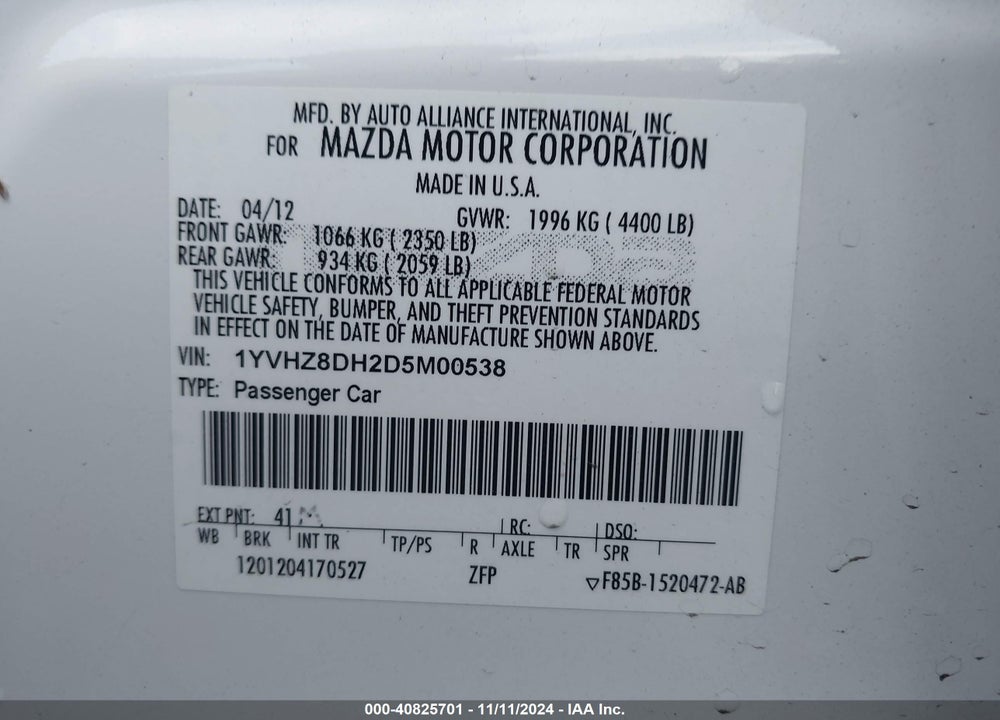 2013 MAZDA 6 I TOURING VIN: 1YVHZ8DH2D5M00538