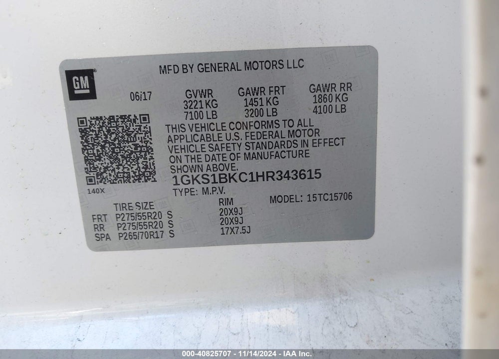 2017 GMC YUKON SLT VIN: 1GKS1BKC1HR343615