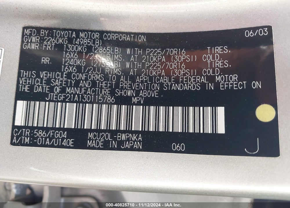 2003 TOYOTA HIGHLANDER V6 VIN: JTEGF21A130115786