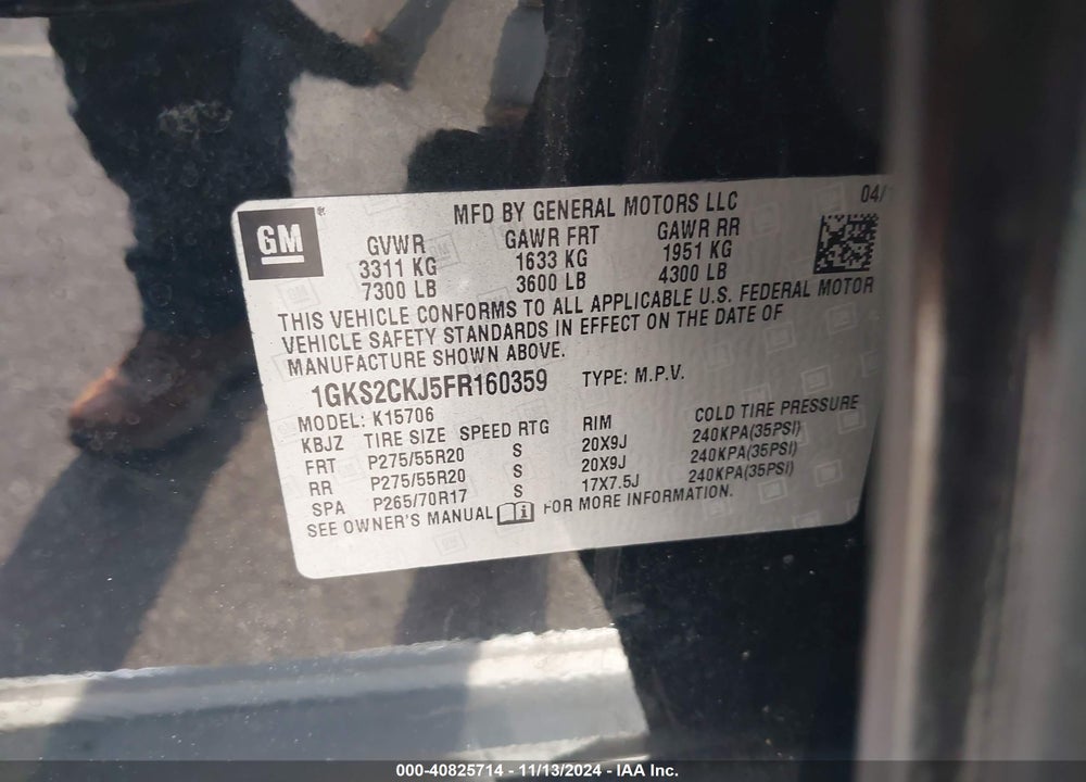 2015 GMC YUKON DENALI VIN: 1GKS2CKJ5FR160359