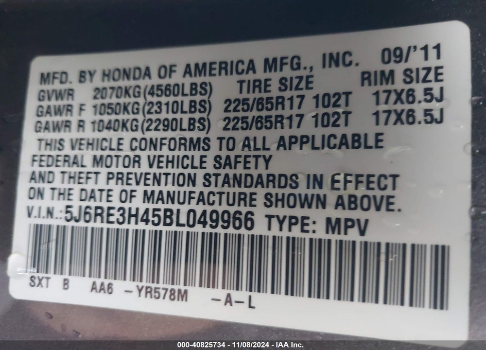 2011 HONDA CR-V SE VIN: 5J6RE3H45BL049966