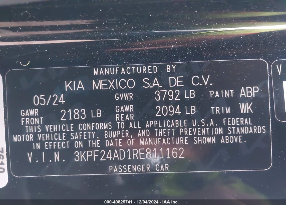 2024 KIA FORTE LXS VIN: 3KPF24AD1RE811162
