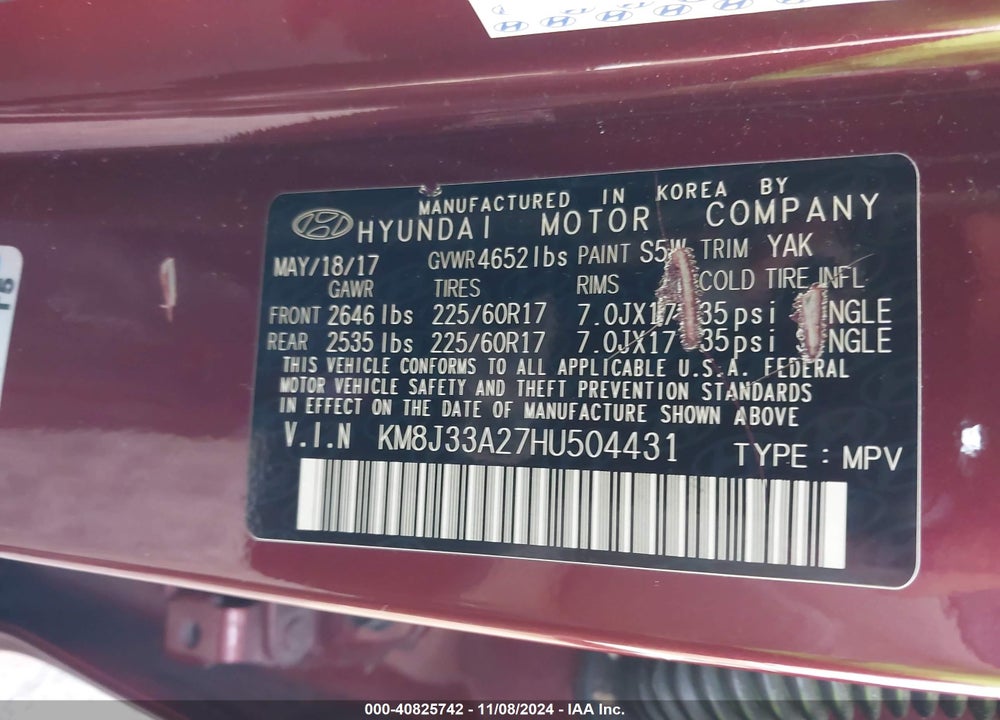 2017 HYUNDAI TUCSON ECO VIN: KM8J33A27HU504431
