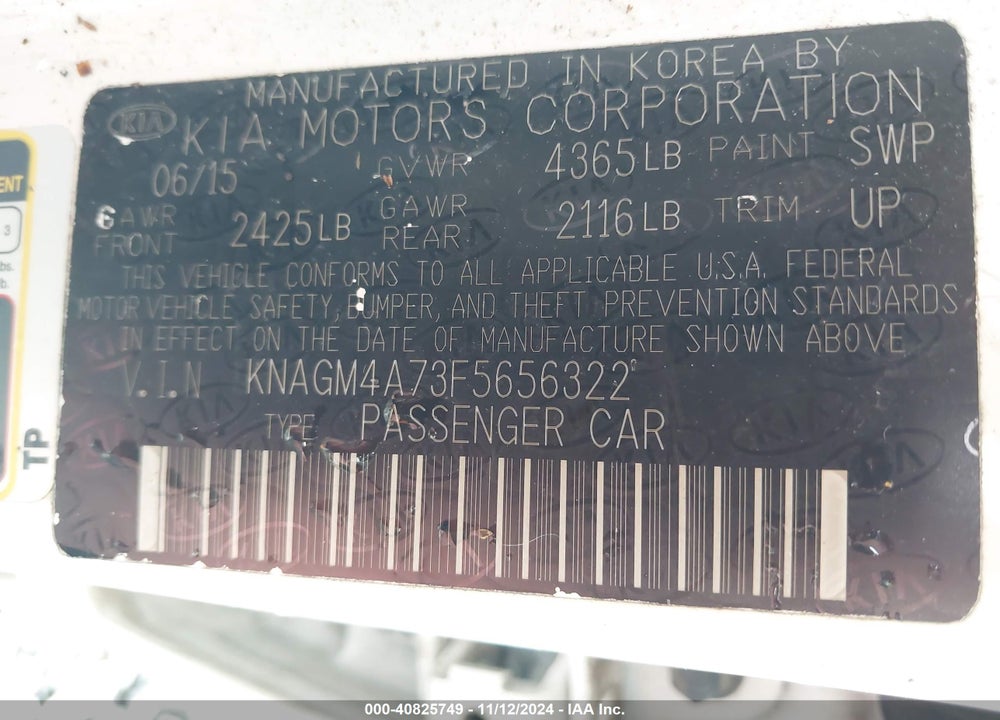 2015 KIA OPTIMA LX VIN: KNAGM4A73F5656322