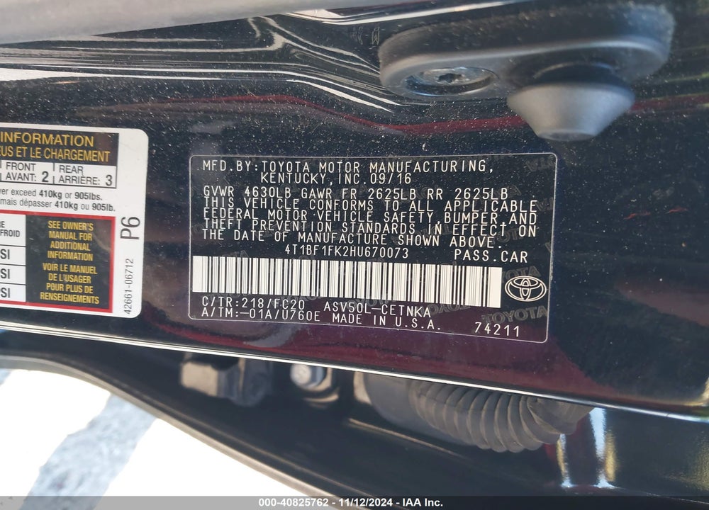 2017 TOYOTA CAMRY LE VIN: 4T1BF1FK2HU670073