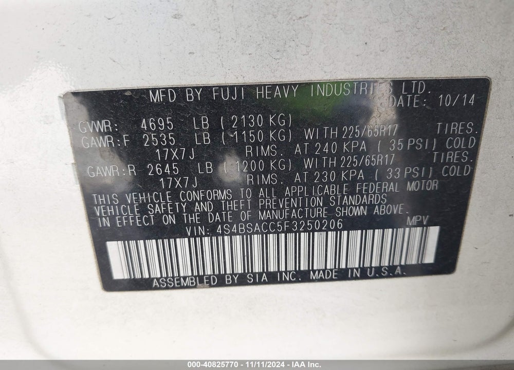 2015 SUBARU OUTBACK 2.5I PREMIUM VIN: 4S4BSACC5F3250206
