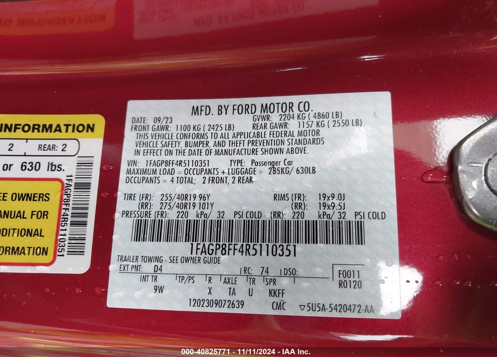2024 FORD MUSTANG GT PREMIUM VIN: 1FAGP8FF4R5110351