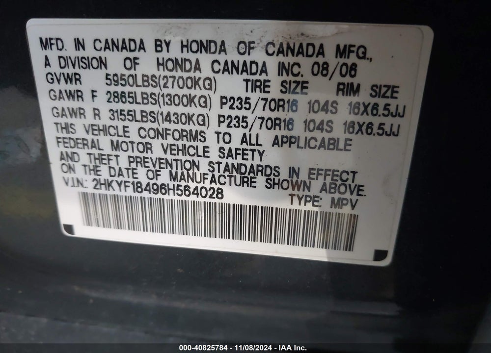 2006 HONDA PILOT EX VIN: 2HKYF18496H564028