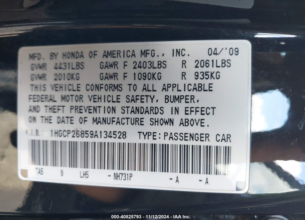2009 HONDA ACCORD 2.4 EX-L VIN: 1HGCP26859A134528