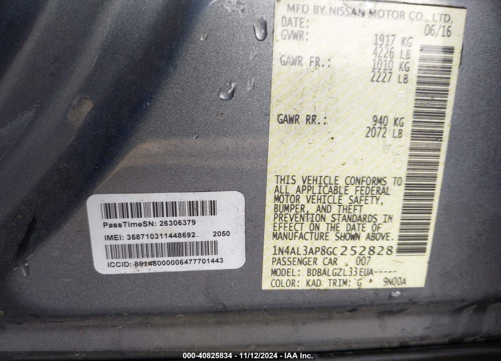 2016 NISSAN ALTIMA VIN: 1N4AL3AP8GC252828