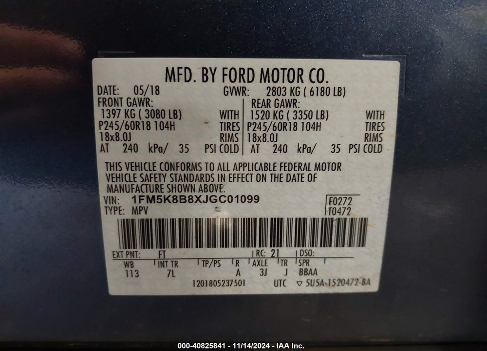 2018 FORD EXPLORER VIN: 1FM5K8B8XJGC01099