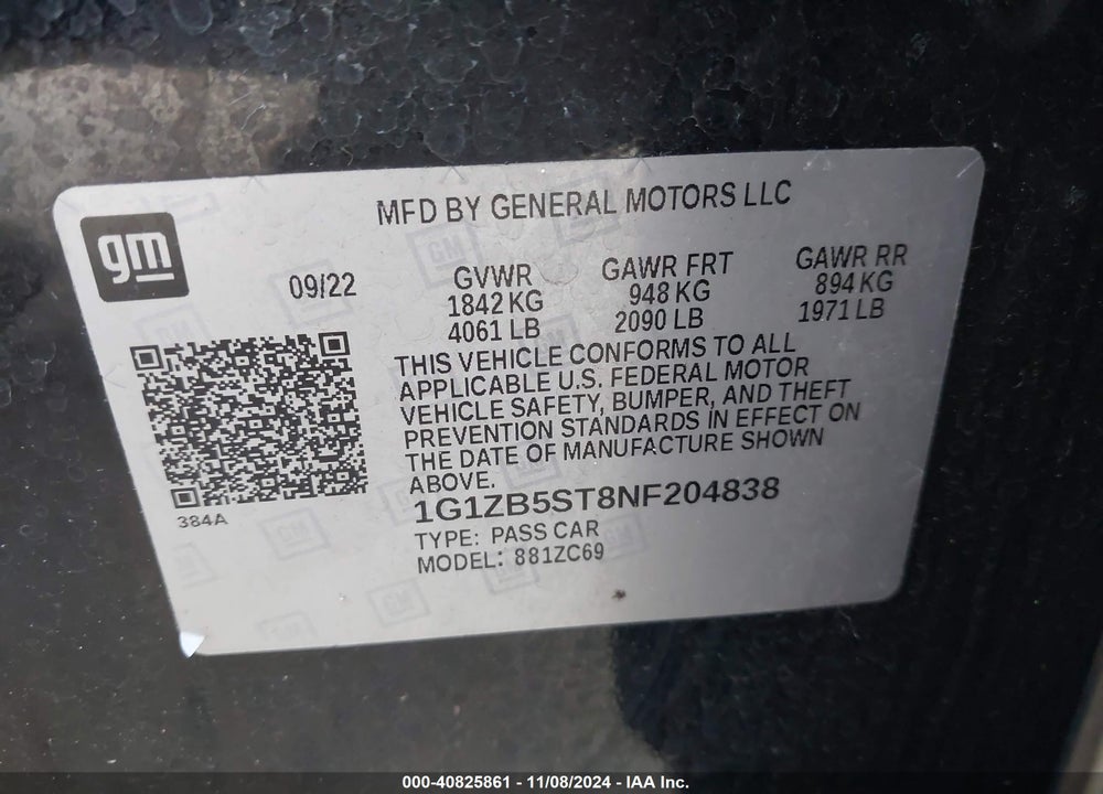 2022 CHEVROLET MALIBU FWD LS VIN: 1G1ZB5ST8NF204838