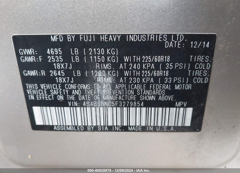 2015 SUBARU OUTBACK 2.5I LIMITED VIN: 4S4BSBNC5F3279854