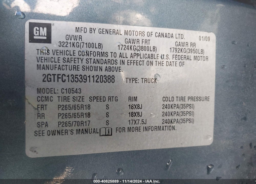 2009 GMC SIERRA 1500 HYBRID 3HA VIN: 2GTFC135391120388