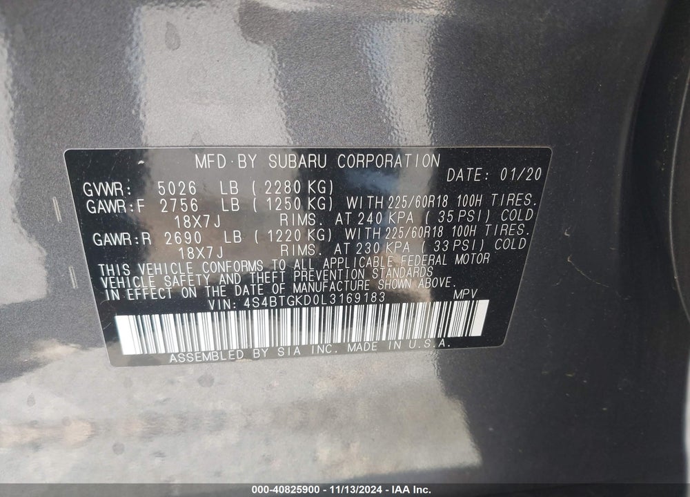 2020 SUBARU OUTBACK ONYX EDITION XT VIN: 4S4BTGKD0L3169183
